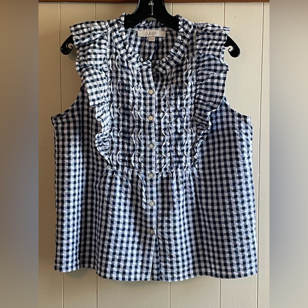 LOFT Sleeveless Checked Button Down Top with Ruffle